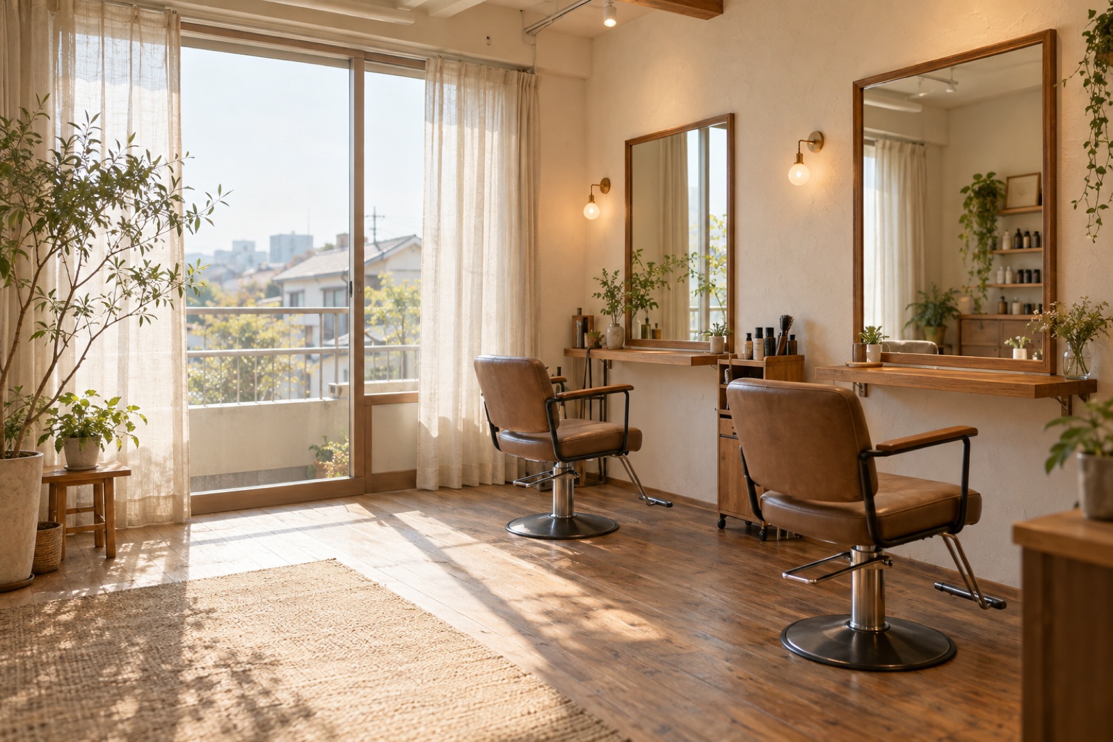 生成りの壁と木の家具が並ぶhair salon kinariの店内