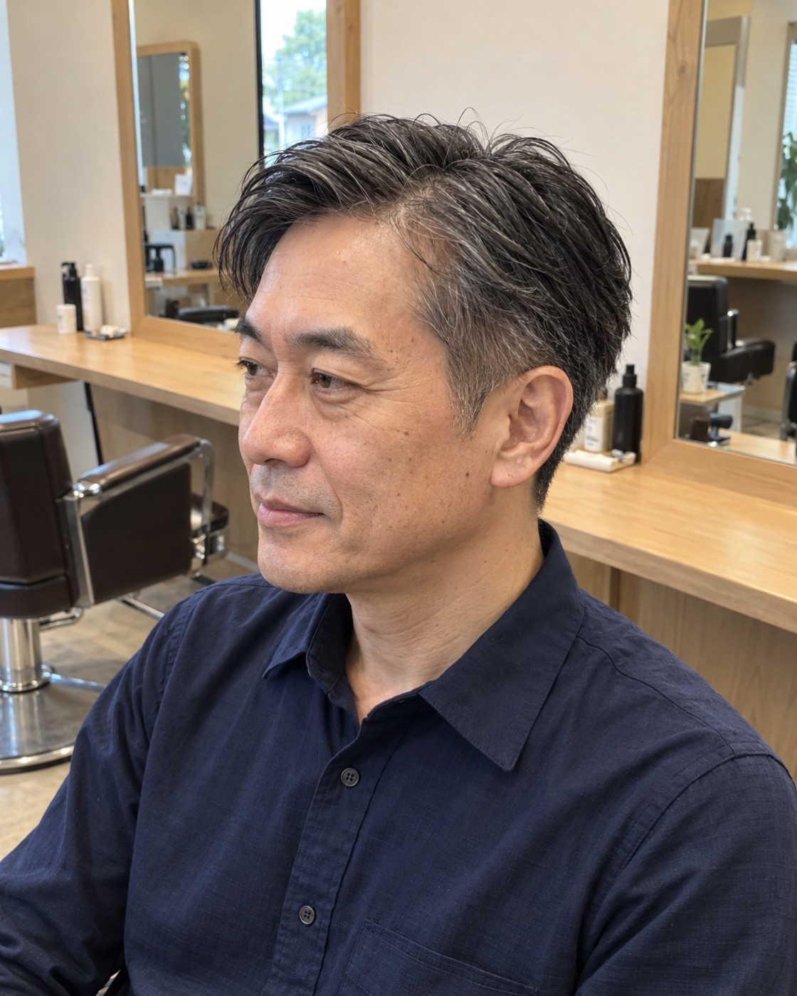 白髪を生かした日本人男性の短髪。制作見本用に生成した写真