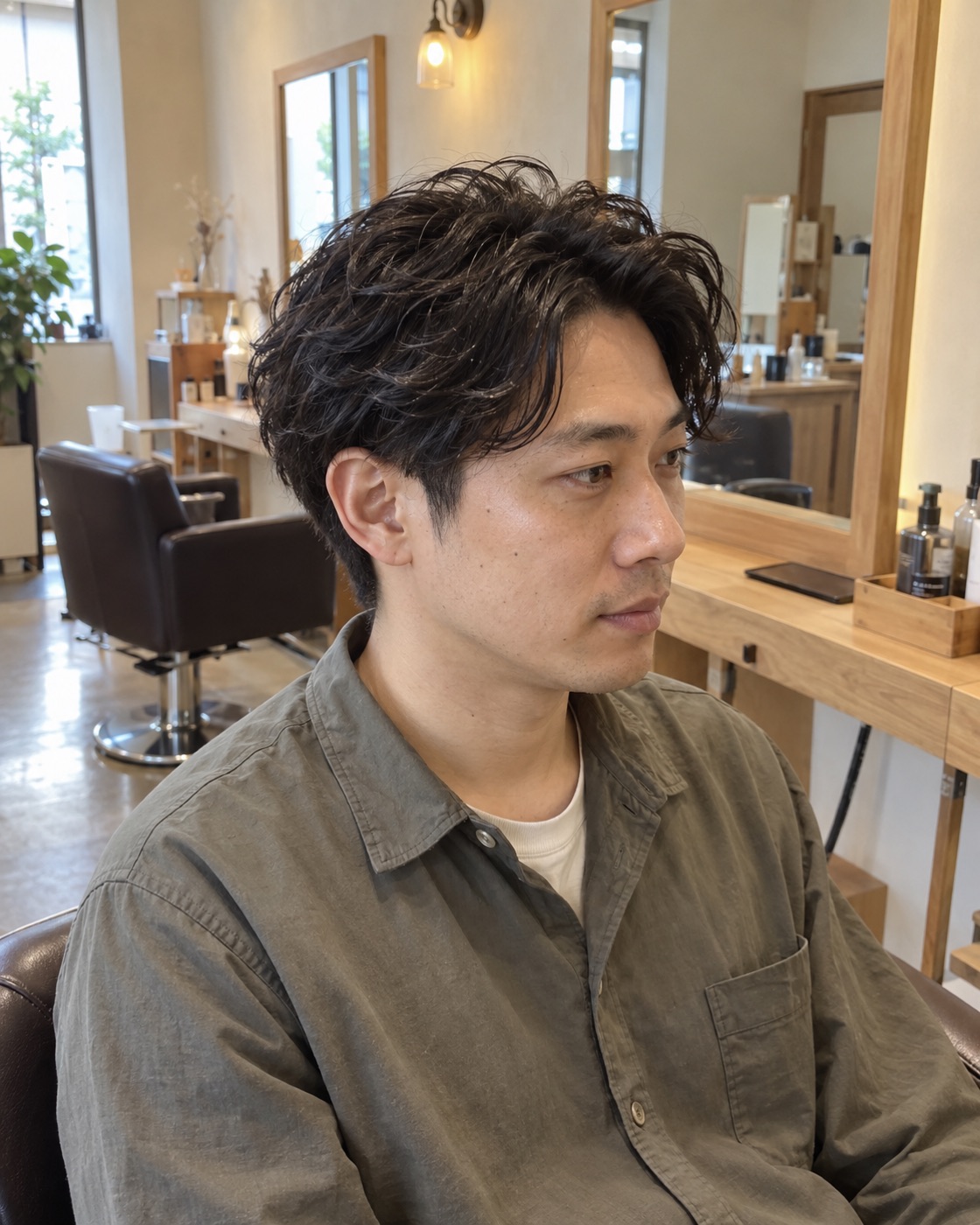 日本人男性のゆるいウェーブパーマ。制作見本用に生成した写真