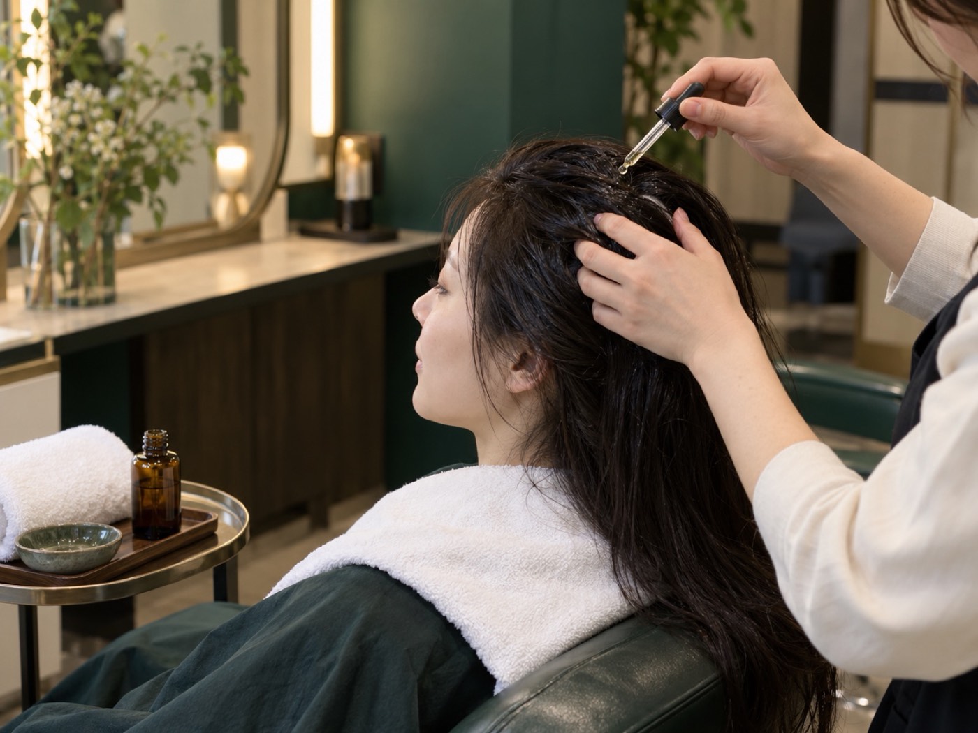 頭皮ケアを受ける女性と施術する手元