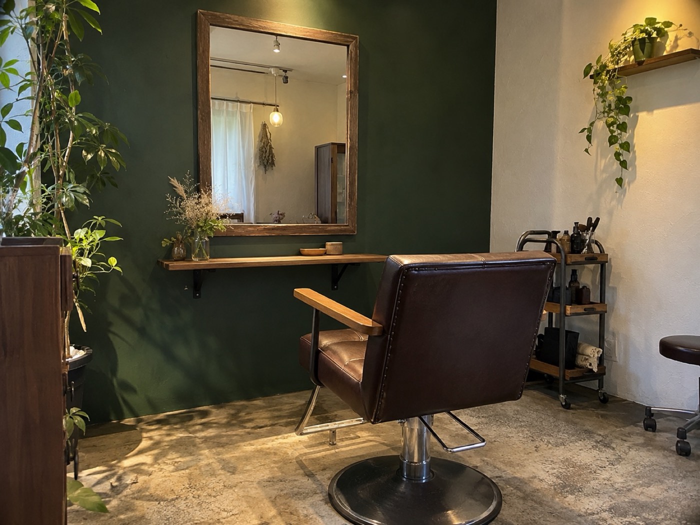 植物と深い緑の壁があるmori no neの店内